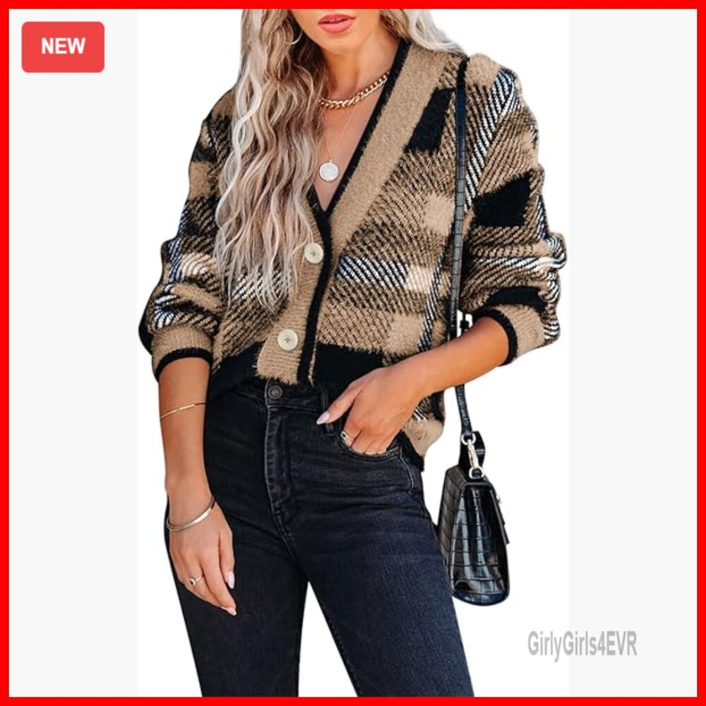 Womens Plaid Fuzzy Knit V-Neck Button Cardigan Sweater Long Sleeve